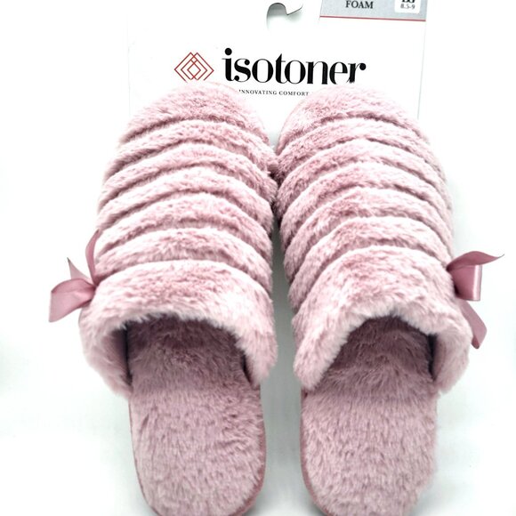 Isotoner Large Faux Fur Memory Foam Slide Slippers Womens Pink Pearl 8.5 - 9 New - Picture 1 of 6